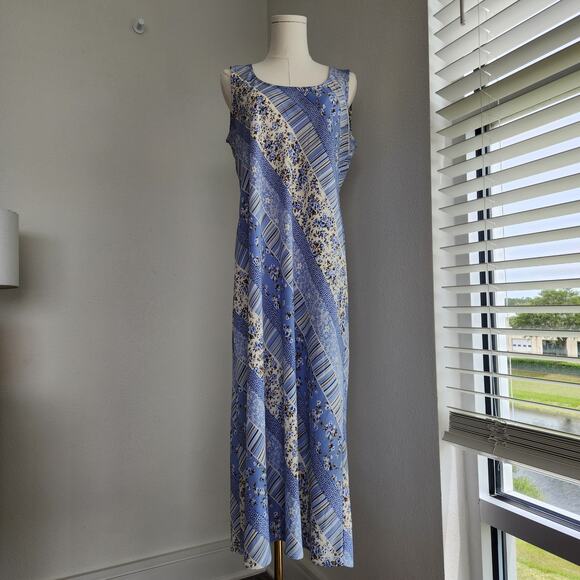 Vintage Dressbarn Blue Floral Diagonal Striped Sheath Sleeveless Maxi Dress M - Picture 1 of 11